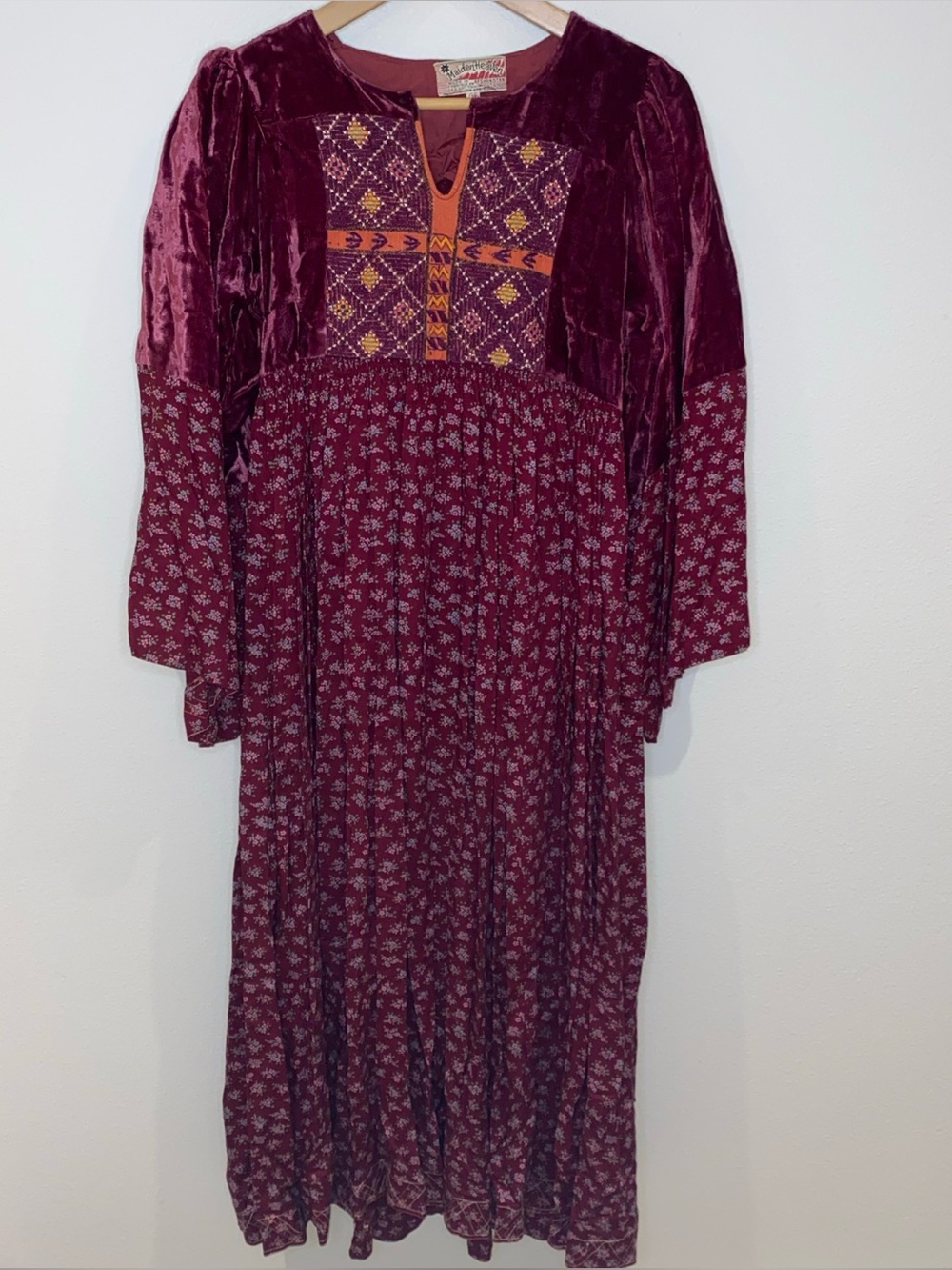 Vintage 1970s Maiden Heaven Dress Burgundy Hippie Floral Size 10 Rare